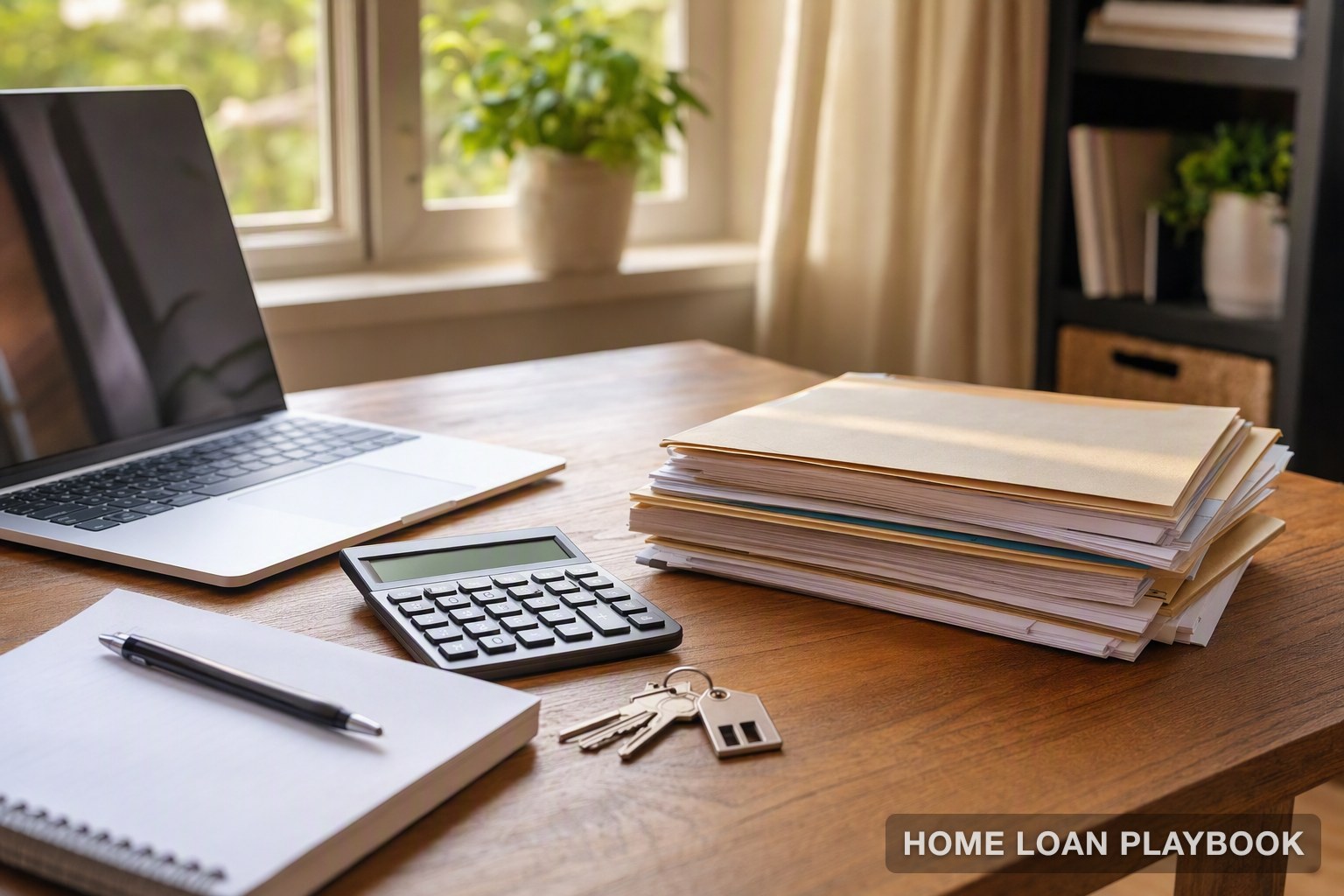 Tax documents and house keys on a home office desk