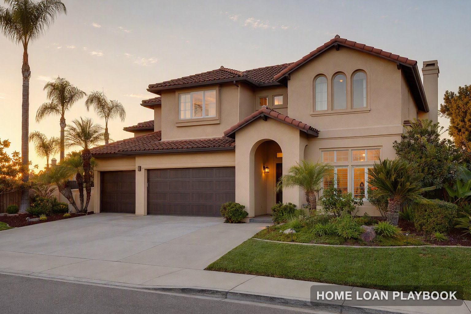 A large California house exterior at golden hour