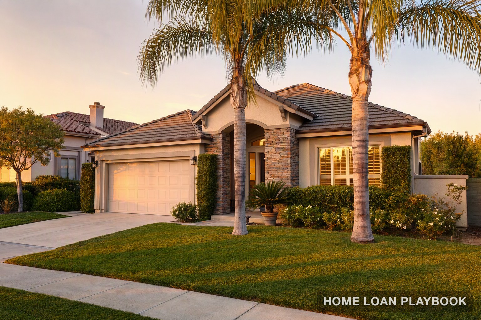 A California home exterior at golden hour